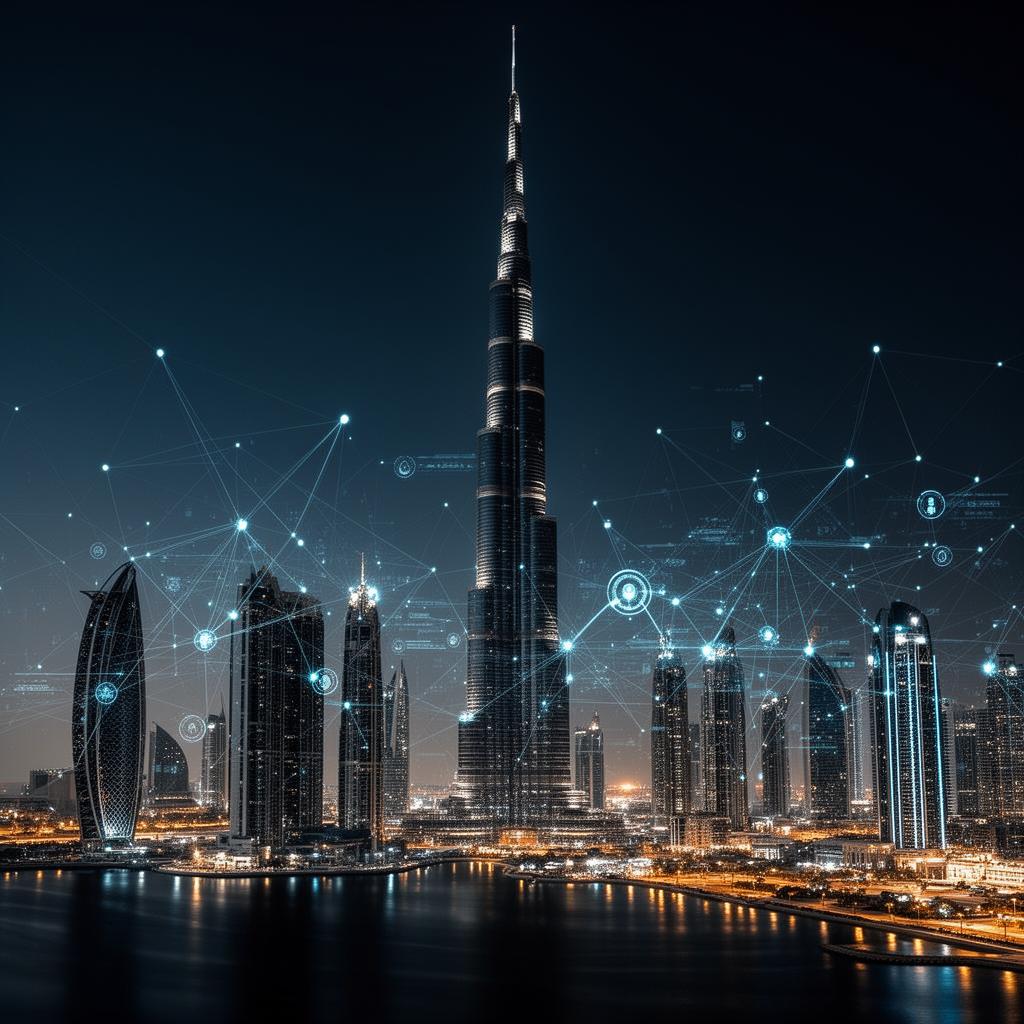 Futuristic UAE skyline with digital network